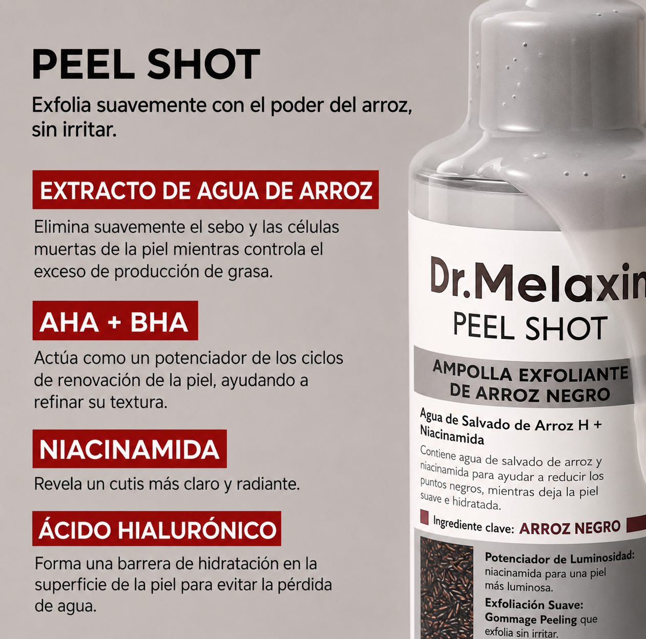 Dr.Melaxin Peel Shot Glow Ampolla Exfoliante de Arroz 80ml | Rostro y Cuerpo.