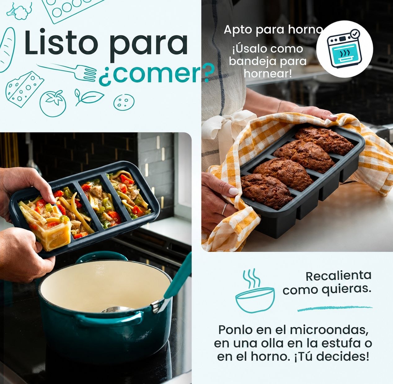 Moldes de silicona para congelar comida | Pack de 2 | De 1/2, 1 y 2 tazas.