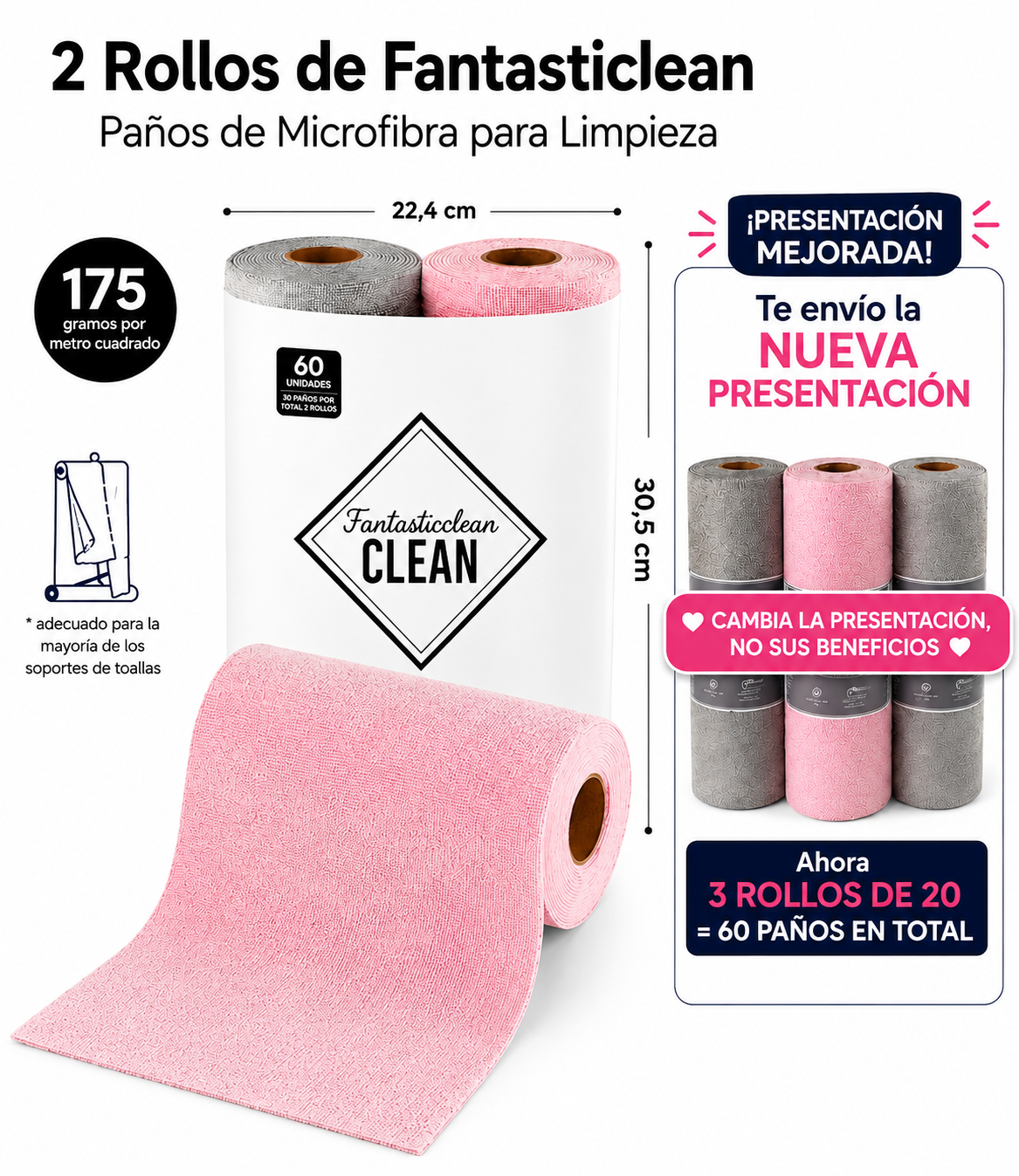 Rollo de paños de limpieza de microfibra | Paquete de 60 unidades.